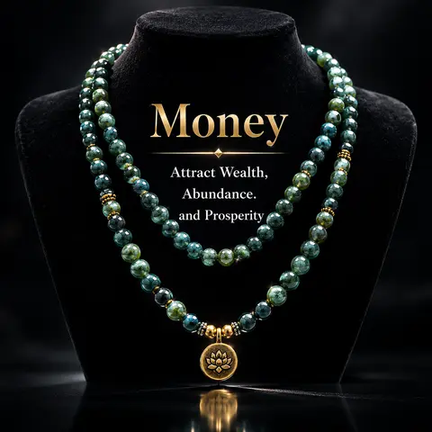ARPURRAINA 8mm Genuine Green Moss Agate 108 Mala Beaded Necklaces - Lotus Buddha Charm, Long Chain Wrap Bracelet, Healing Crystal Stone, Prayer, Ramadan Spiritual Practice Enhancer, Meditation Aid, Ideal Gift for Yoga Enthusiasts