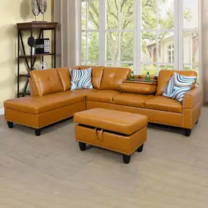 97-inch Wide Studded L-shaped Sofa Set 3 Pieces Faux Leather & Chaise Lounge with Extra Storage Footstool for Living Room Office Apartment Left Right Two-tone Options