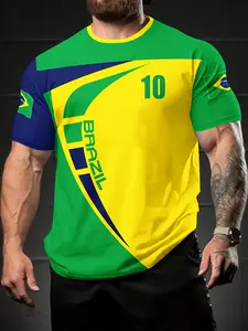 Men's Brazil National Team Zigzag Pattern Jersey, Casual Round Neck T-Shirt, Short Sleeve, Breathable Sportswear, Breathable Athletic Top, Soccer Shirt, Soccer Jerseys, Sports Clothing