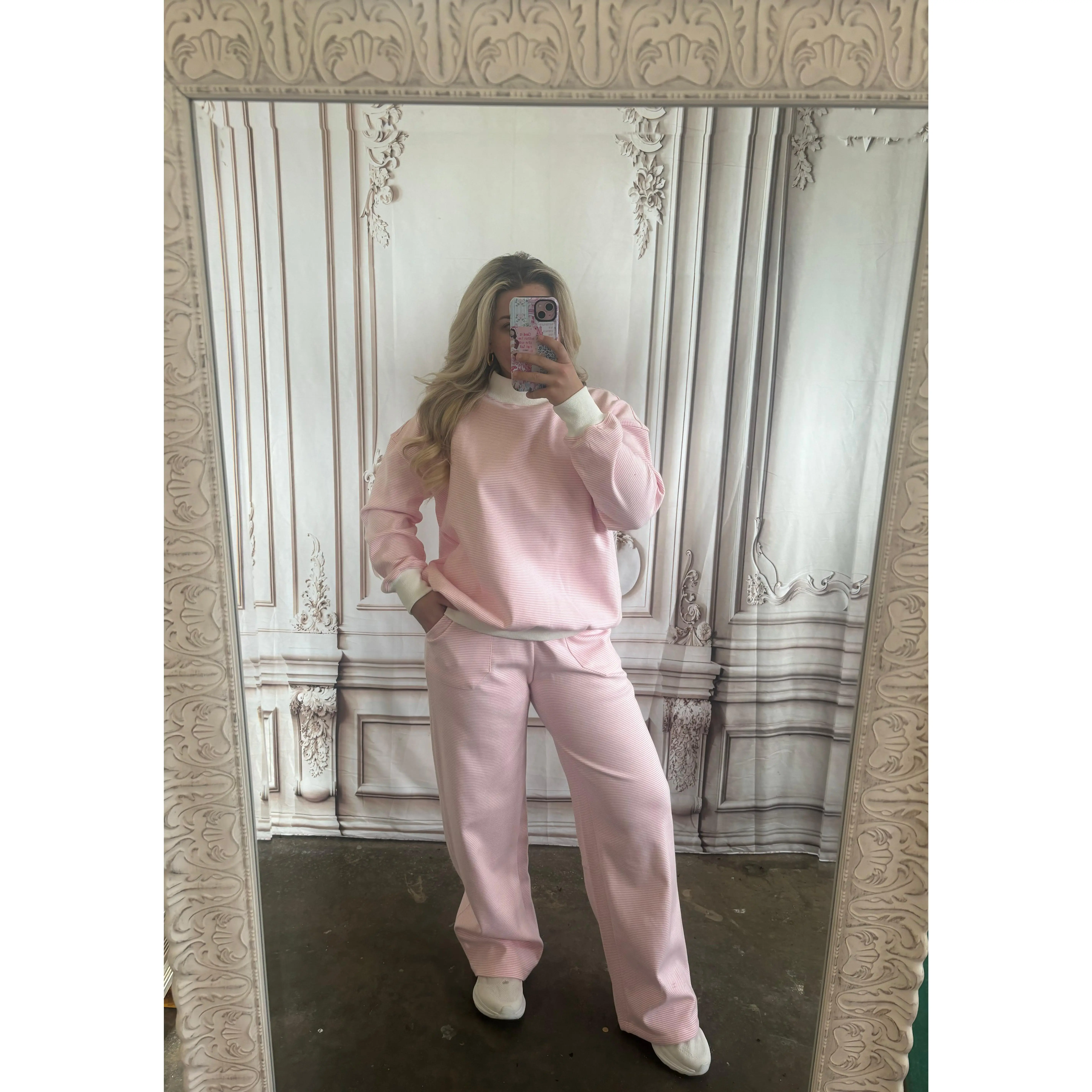 Pink Mock Neck Striped Sweatshirt/Pants Set