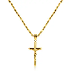 Cross Necklace for Men, Silver/Gold/Women Cross Necklaces with 3mm Cross Chain and Stainless Steel Cross Pendant, Rope Chain 18-24 Inch, Jewelry Gift
