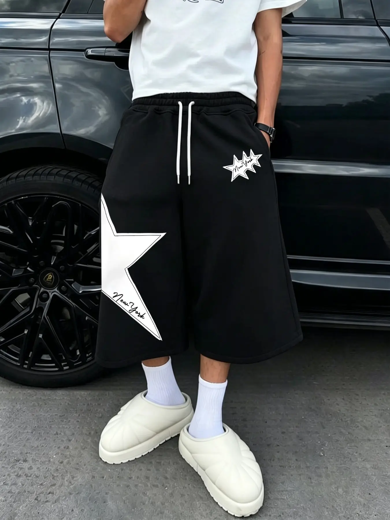 Men's Fashion Street Style Loose-Fit Oversize Six-Panel Pants, Comfortable Breathable Fabric, High-Quality Star Pattern Print, Suitable for Daily Wear, Streetwear Casual