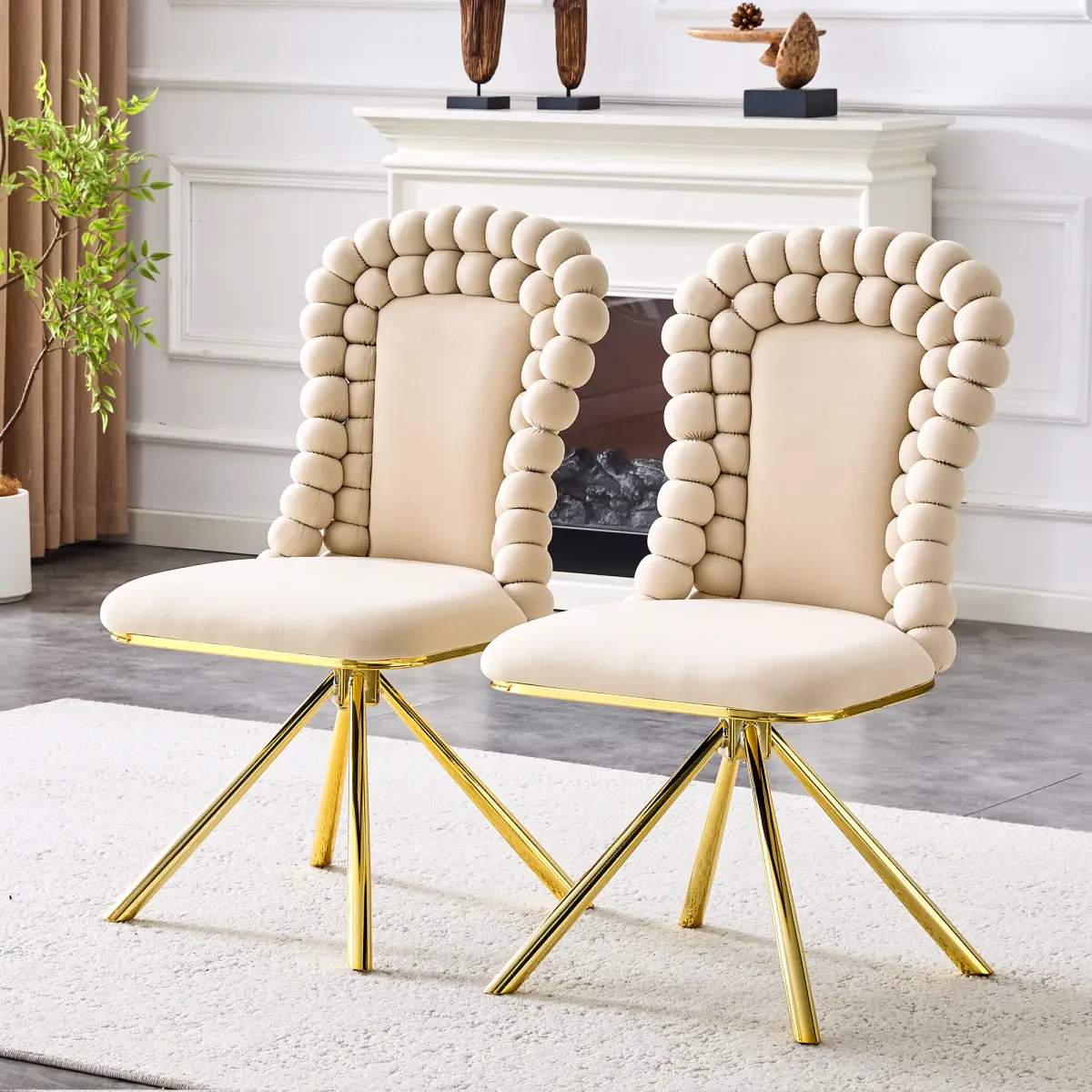 Set of 2 Beige Puffy Bubble Chair Ball Chain Chair Velvet Dining Chairs with Gold Legs, Modern Upholstered Accent Chairs for Dining Room & Kitchen
