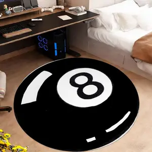 1 Piece Stylish Billiard 8 Ball Themed Round Rug, Durable Non-Slip Carpet for Game Room Decor, Retro Cool Home Accessories