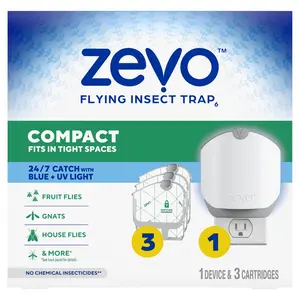 Zevo Compact Flying Insect Trap with Refill Cartridges - Plug-In Indoor Bug Catcher, Authentic Trap + Lock Technology to Catch Gnats, House & Fruit Flies - Blue + UV Light Technology, No Odor, No Mess