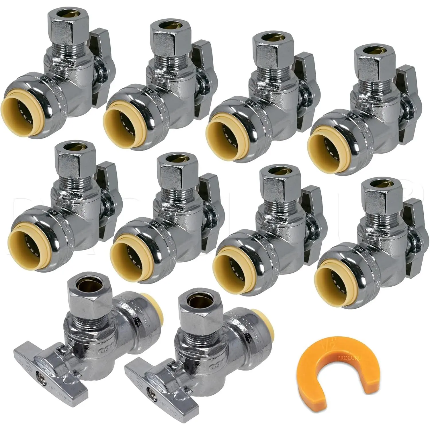 10-Pack PushFit Angle Stop Valve 1/2" Nom x 3/8" OD Comp, Quarter-Turn Push-to-Connect Brass Shutoff Valve for, PEX, CPVC, PE-RT, HDPE Pipes (8X8012-11T)