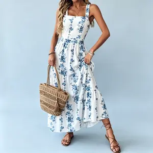 Women's Casual Womenswear Summer Floral Spaghetti-Strap Maxi Dress, Cinched Waist with Tie Detail, Airy Design, Elegant Distinctive Backless Cut - Ideal for Outings, Photo Outfits