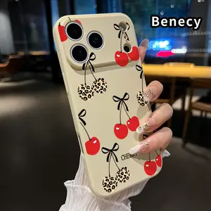 Straight Edge Phone Case for iPhone 17 Pro Max 17 Air  Cherry Bow Pattern Pattern Anti-Scratch Shockproof TPU Bumper Drop-proof Cover Cellphone Protective