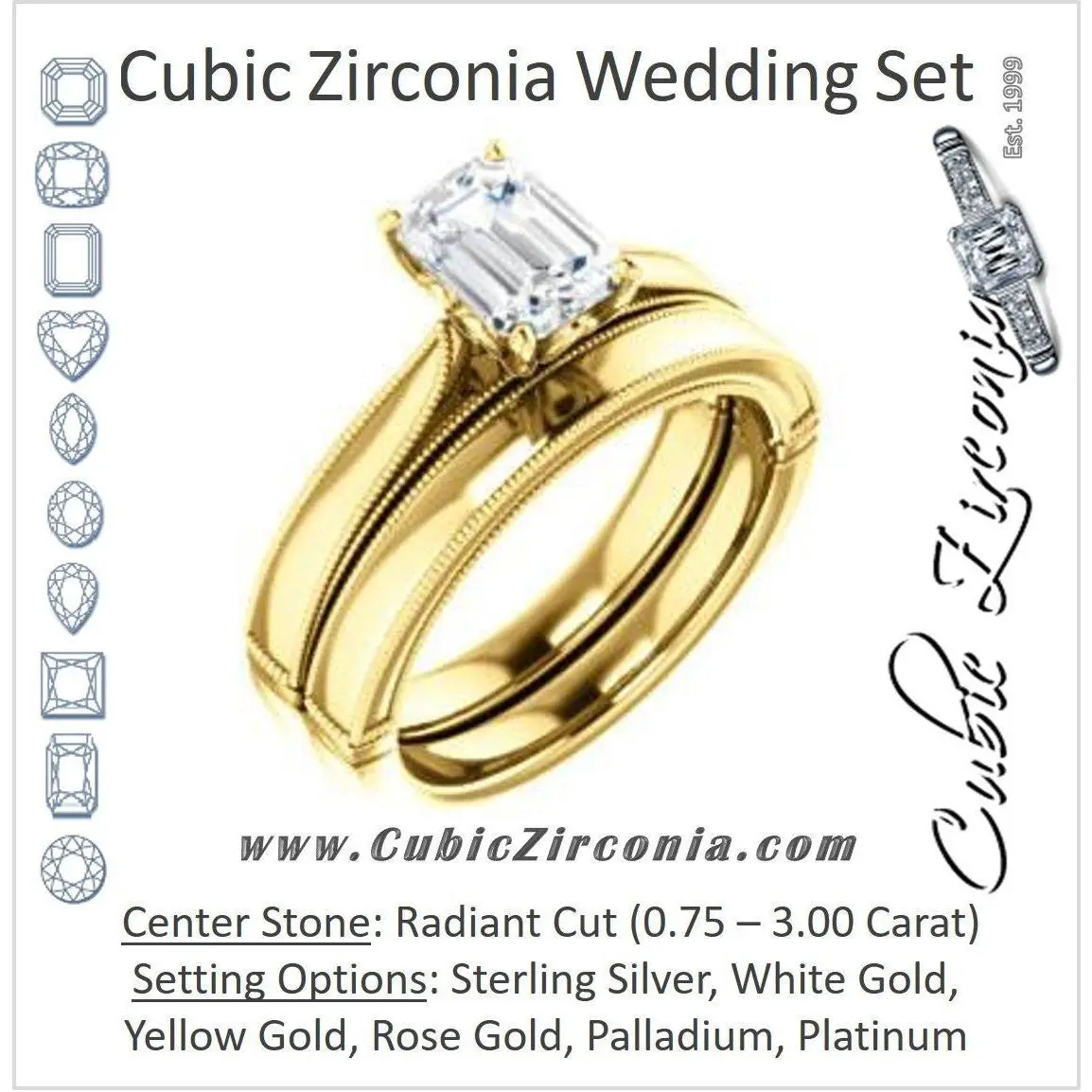 CZ Wedding Set, featuring The Britney engagement ring (Customizable Radiant Cut Decorative-Pronged Cathedral Solitaire with Fine Milgrain Band)