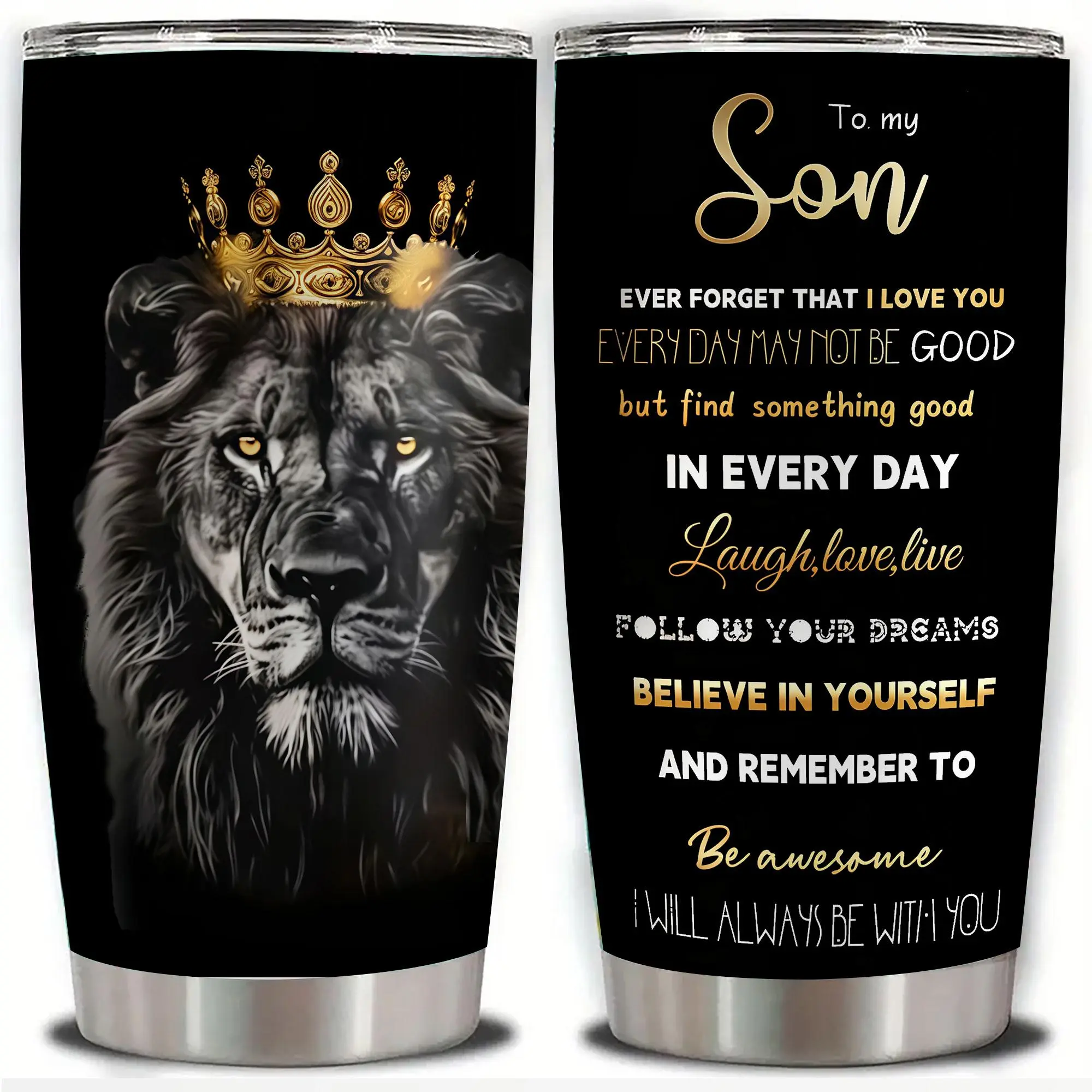 20oz "To My Son" Lion King Art Stainless Steel Tumbler, Double Wall Vacuum Insulated Travel Mug with Inspirational Quote and Regal Design, Spill Proof Lid and Straw, Perfect Gift for Sons, Ideal for Christmas, Thanksgiving, Valentine's
