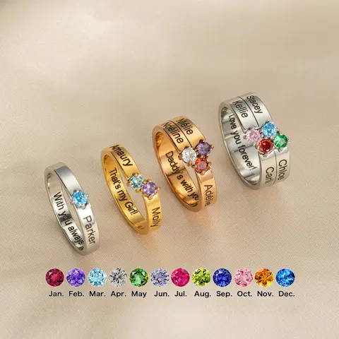 AS2194 Personalized Engraving Name Inlaid Birthstone Ring Customized Stainless Steel Birthstone DIY Engravable Name Ring for Men and Women