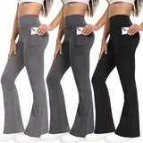Women's 3-Pack High-Waist Butt-Lifting Flared Spandex Yoga Pants with Pockets - Women's Clothes, Tummy Control Athleisure & Casual Sports Bottoms for Fitness, Travel