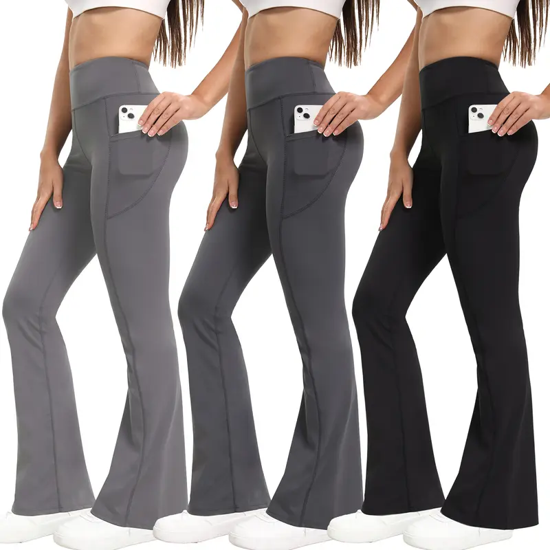Women's 3-Pack High-Waist Butt-Lifting Flared Spandex Yoga Pants with Pockets - Women's Clothes, Tummy Control Athleisure & Casual Sports Bottoms for Fitness, Travel