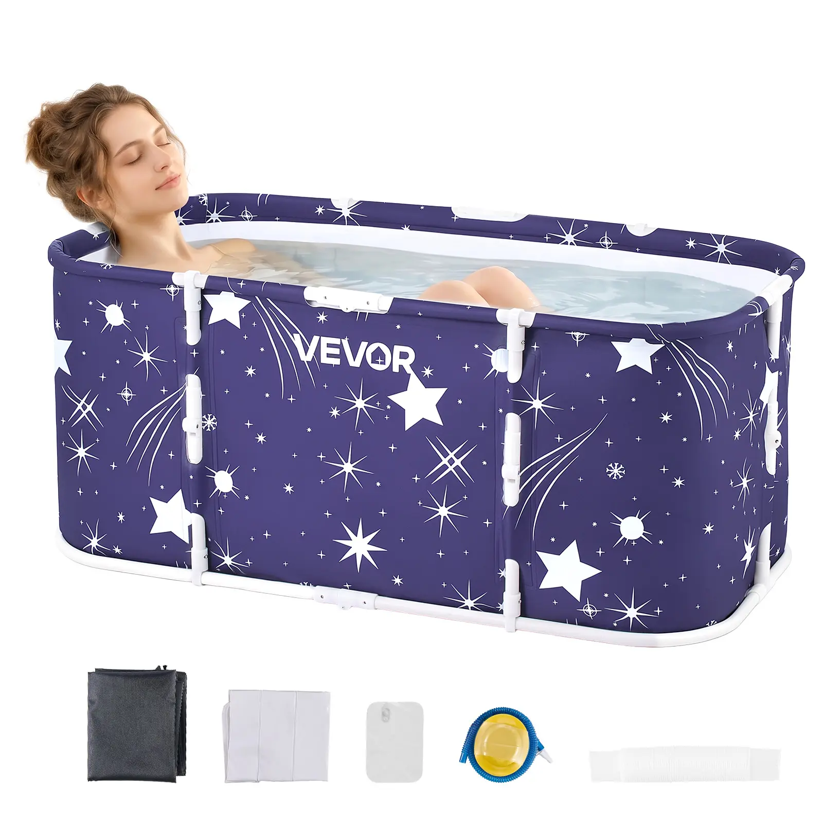 【toolupgrade】VEVOR Portable Foldable Bathtub 45.3"x23.6"x19.7" Soaking for Adults Blue, for Bathroom Shower Stall, 3-Layer Insulation, Space Saving, Family Hot SPA Ice Bath Tub with 2 Drain Ports, Indoor Outdoor