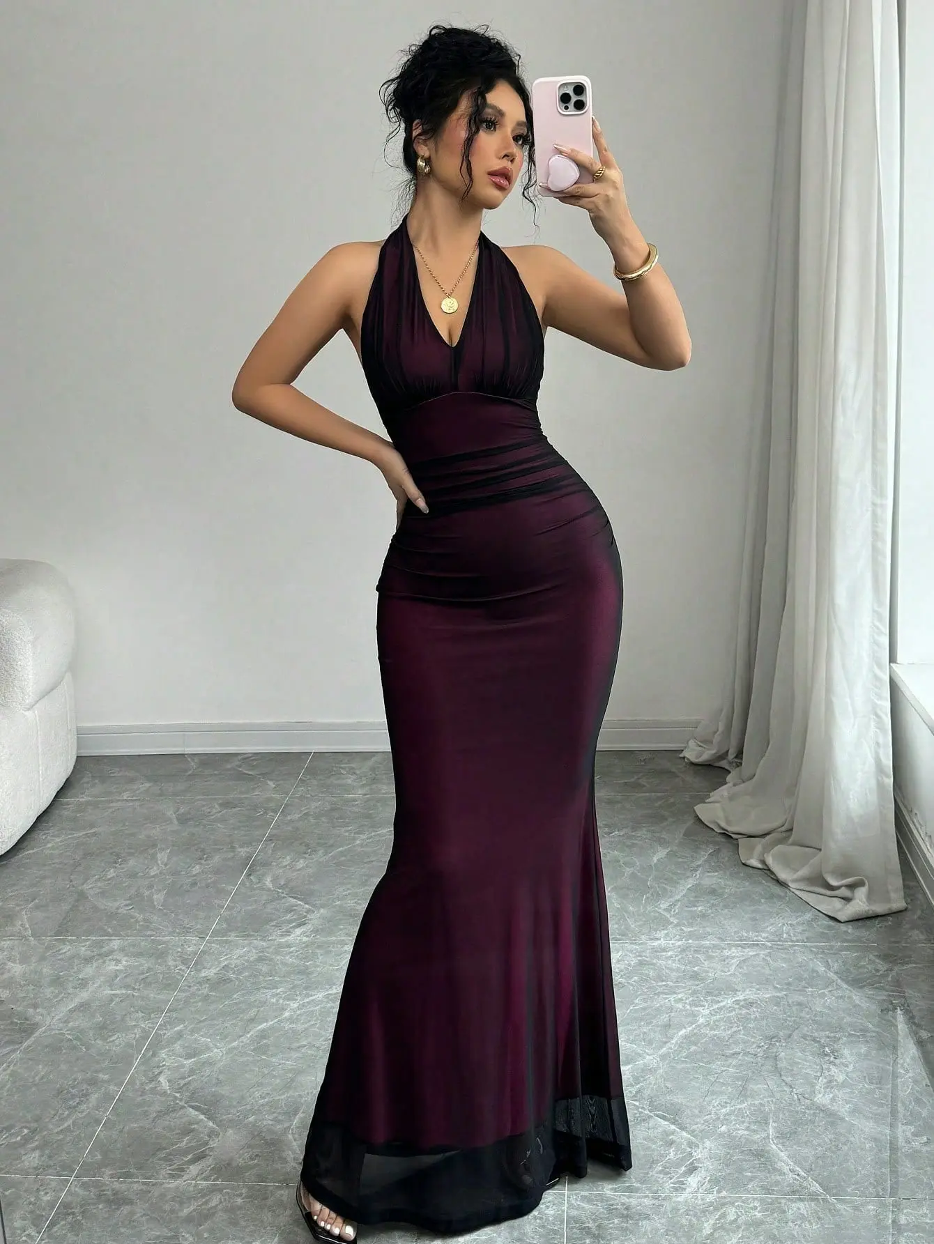 2026NewElegant Halter Neck Maxi Dress in Rich Maroon Color with Sleek Design for Special Occasions Formal Womenswear