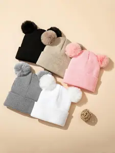 Baby Beanie Hat with Plush Balls, Winter Warm Lightweight Fitted Cap, Comfortable No Brim, Playful Hat, Halloween Outdoor Activities