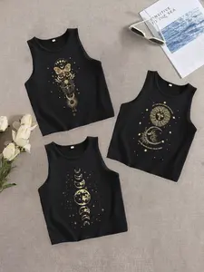 Women's Summer Casual Sleeveless Tank Top Set of 3, Soft Comfortable Slim Fit, Moon Sun Totem Print, Letter Pattern, All Seasons Wear, Womenswear