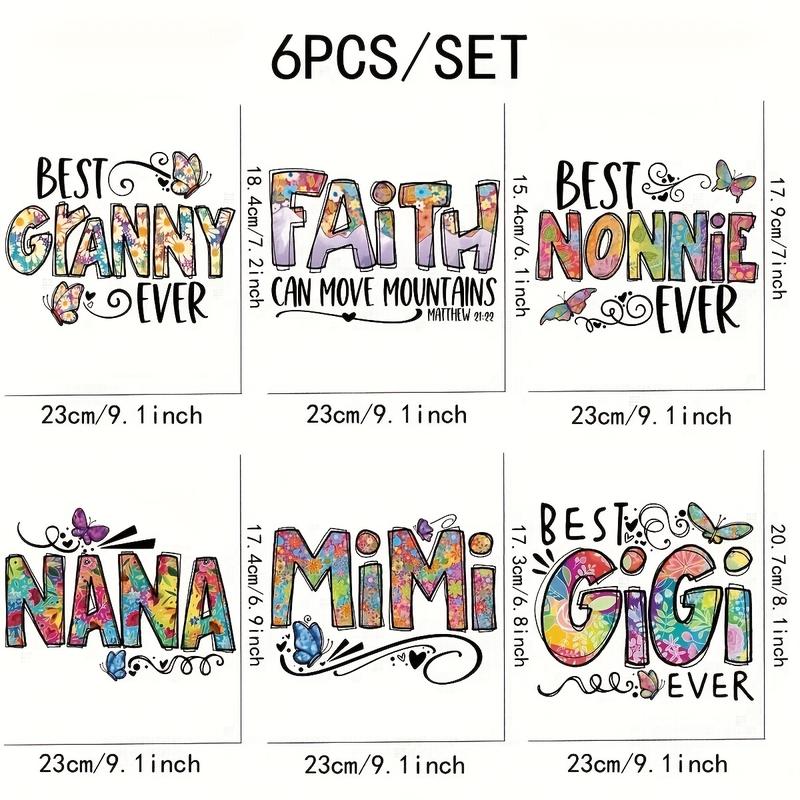 6 Piece DIY Iron-On Transfer Stickers, Latest Gigi Ever Butterfly Word Style, Heat Transfer Vinyl for T-Shirts, Jackets, Jeans, Hoodies