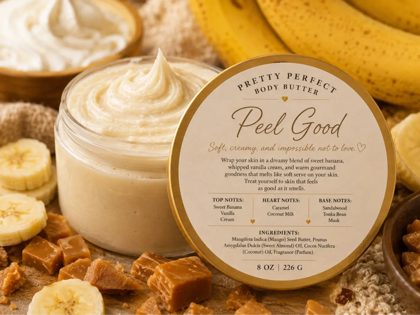 Peel Good Body Butter with Amygdalus Dulcis (Sweet Almond) Oil - Hydrating Daily Skin Moisturizer for Adults, Mature Skin, Vanilla Scents, Cracked Heels Care, Eczema
