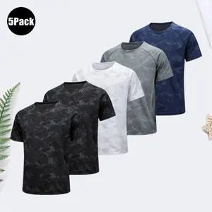 Men’s quick-dry short-sleeve T-shirt set, black/gray camouflage print breathable mesh athletic shirt, suitable for gym workouts and running