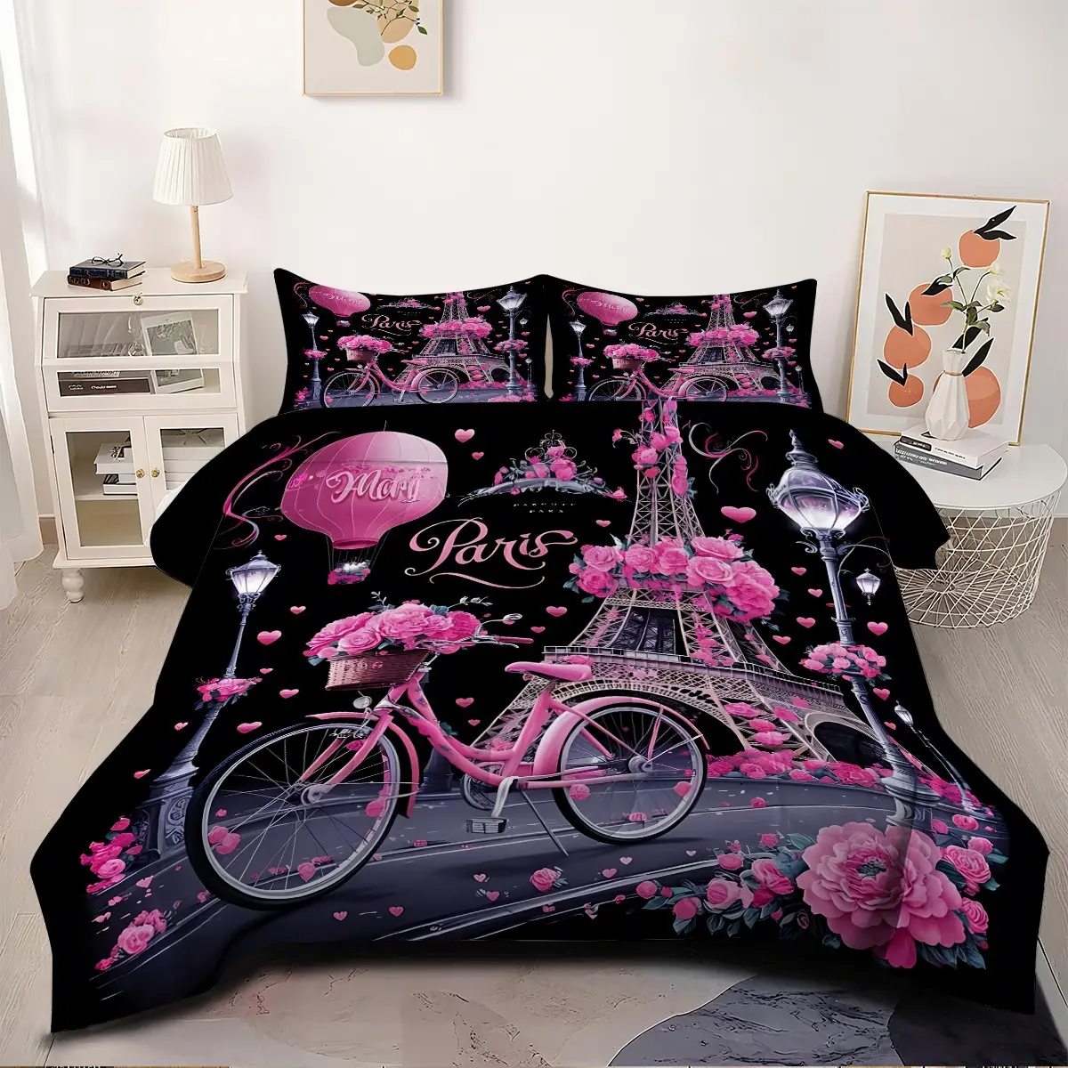 2/3 Piece Parisian Romantic Themed Bedding Set, Black  Rose Pink Eiffel Tower Retro Bicycle Full Screen Rose Hot Air Balloon Parisian Romantic Atmosphere.French Style Girlish Hearts  Soft Perfect Decoration,Including 1 or 2 Pillowcases (No Pillow Core).