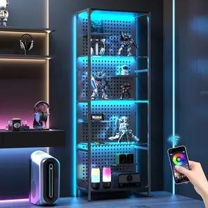 Glass Display Shel with LED Lights, Black Narrow Shelf with Pegboard Steel Frame, Tall Curio Cabinet for Gaming Room, Living Room, Bedroom Decor, Gifts Boyfriend Multipurpose Use