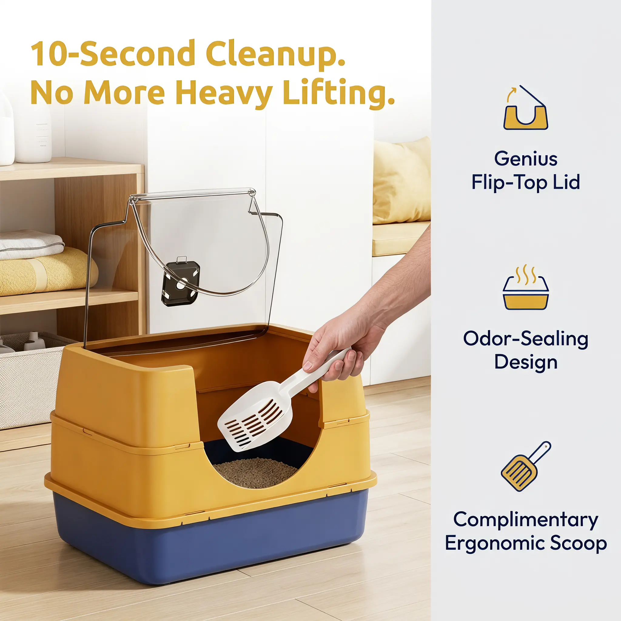 Fully Enclosed Galaxy Cat Litter Box with Odor-Lock Shield, 10-Second Easy Scooping Flip-Top Lid, Large Space for Chonky Cats, Modern Yellow & Blue Pet Furniture 2026 with Scoop (Ideal for Small Apartments)