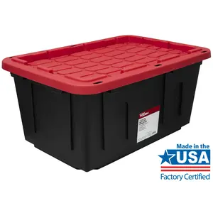 27 Gal Large Durable Plastic Storage Bin with Snap-On Lid - Home Organiser for Home Supplies, Black and Red Storage Boxes