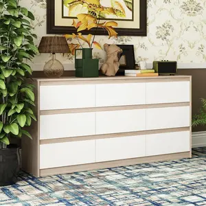 FUFU&GAGA Modern Dresser Chest of Drawers, 9 Drawer Dresser with No Handle Design, Contemporary 9 Drawer Cabinet Drawer Chest, White Dresser for Bedroom (63”W x 15.7”D x 31.5”H) Storage Organizer