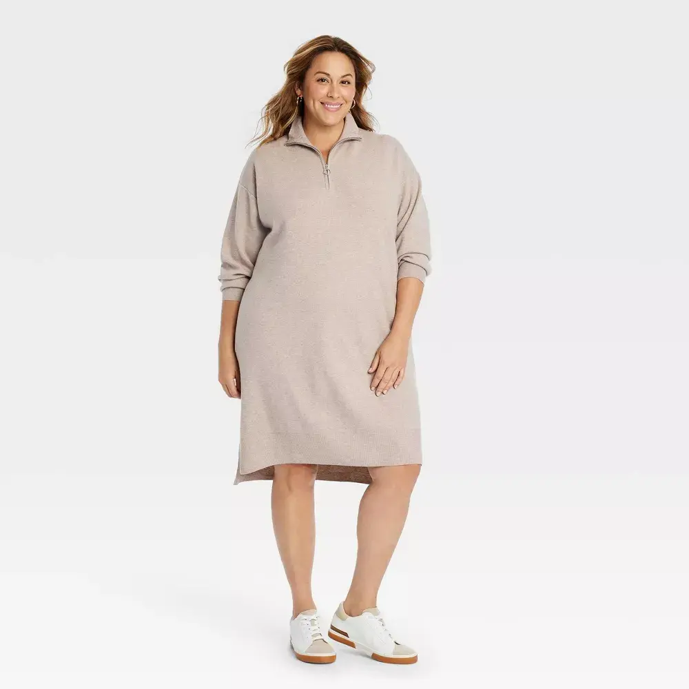 Women's Quarter Zip Long Sleeve Mini Sweater Dress - Ava & Viv Taupe 2X