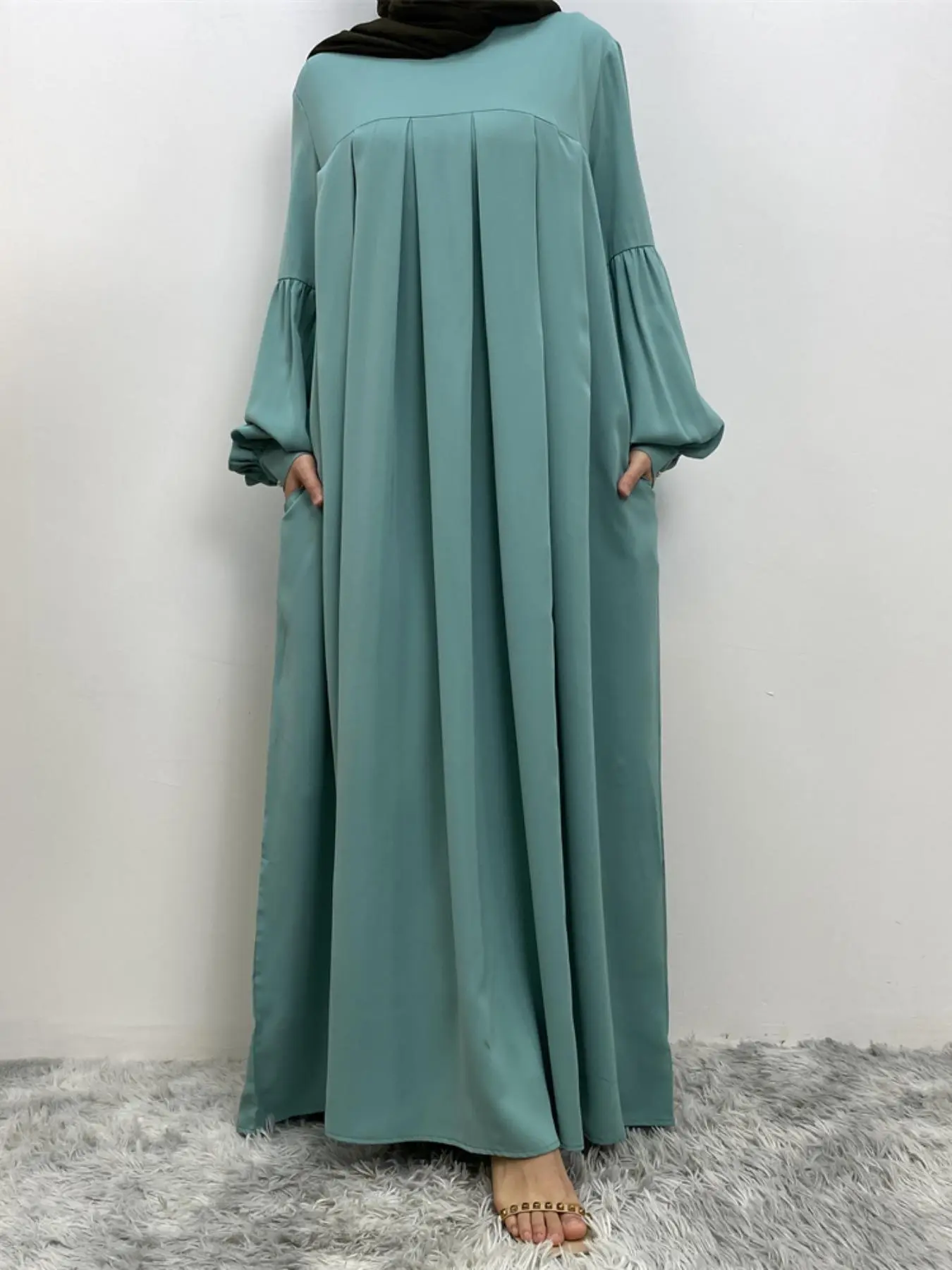 Women's Solid Lantern Sleeve Arabian Dress Without Hijab, Casual Long Sleeve Pleated Dress, Ladies Spring & Fall Clothes For Daily Wear, Summer Outfits 2024, Muslim Women Gowns, Long Sleeve Dresses, Islamic Muslim Clothing, Kaftan Dresses