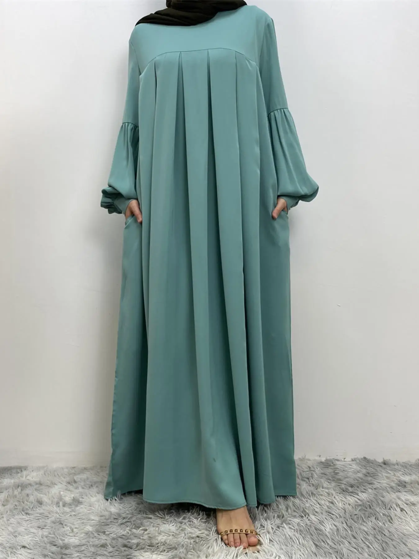 Women's Solid Lantern Sleeve Arabian Dress Without Hijab, Casual Long Sleeve Pleated Dress, Ladies Spring & Fall Clothes For Daily Wear, Summer Outfit