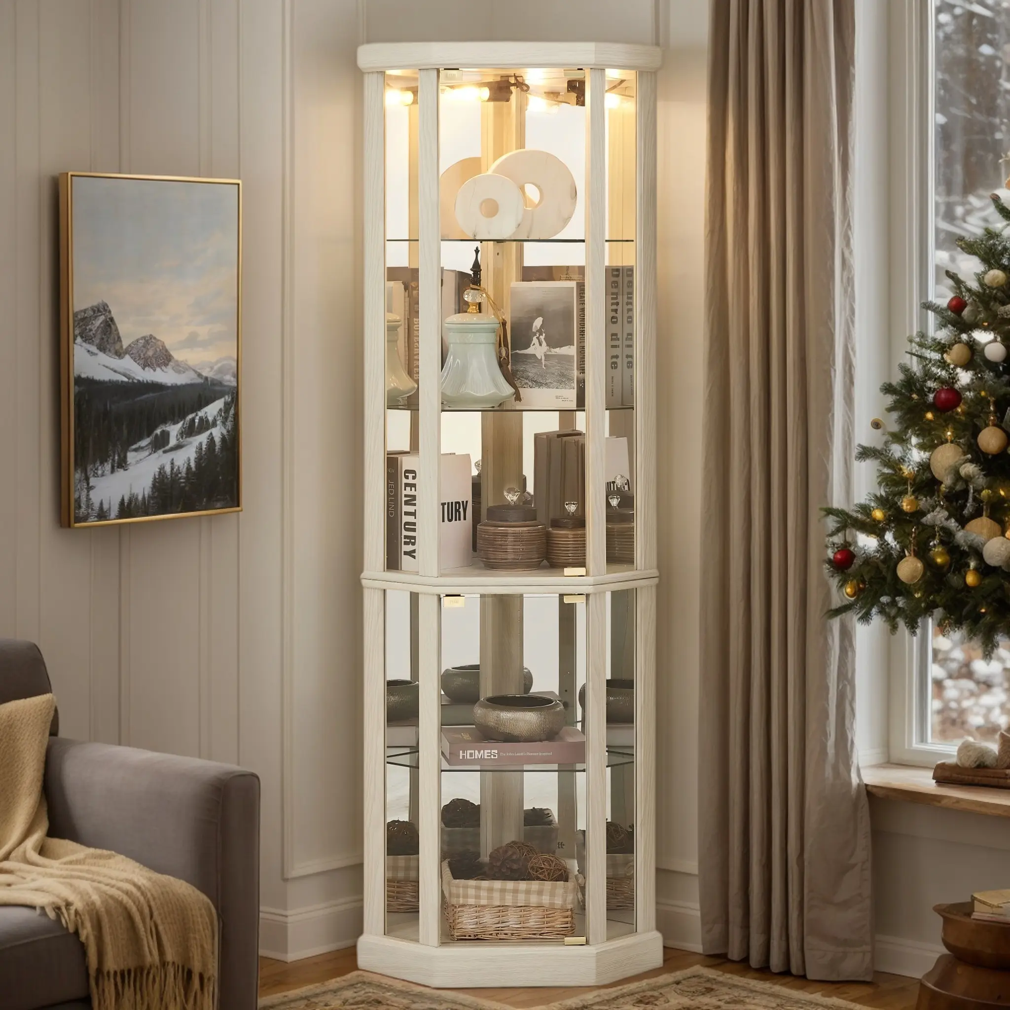 Eyisean 70"H Sturdy Wood Retro Corner Curio Cabinet, Lighted Tempered Glass Door Display Unit with Adjustable Shelves, 5-Tier 150 lbs Capacity Storage Rack (Bulb Included, Assembly Required) for Living Room, Wine Bar Collectibles, Led Light, Apartments, C