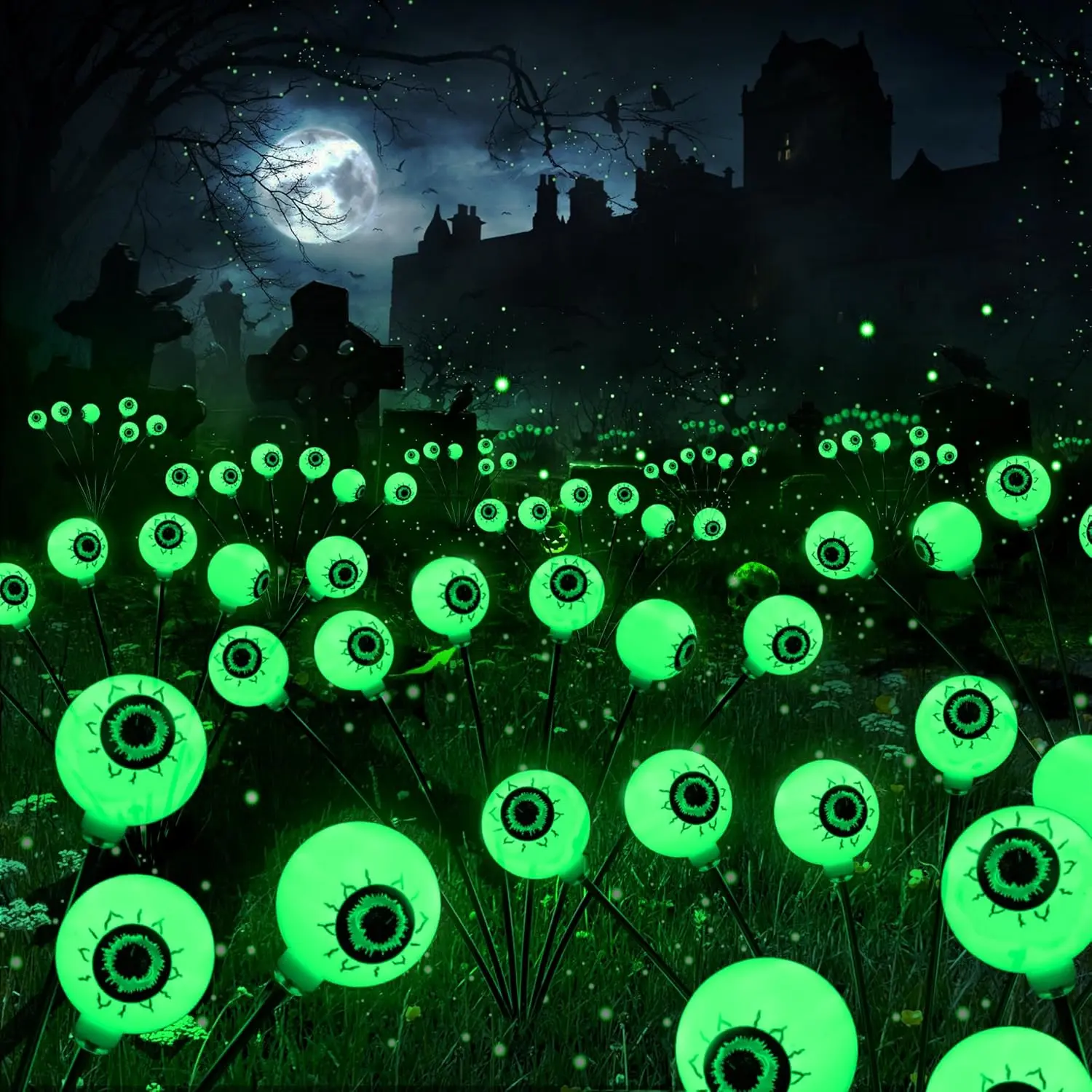 Solar Halloween Lights, 2 Pack Total 12 LED Green Halloween Eyeball Lights, 2 Modes Outdoor Green Eyeball Light, Swaying Outside Scary Pathway Light Waterproof for Garden Yard Lawn Path Decor
