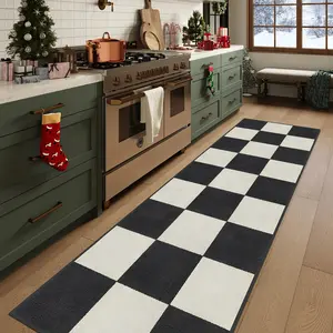 1pc Minimalist Retro Chessboard Square Geometric Pattern Kitchen Rug, Non-Slip Washable Plush Carpet for Living Room Corridor Bedroom