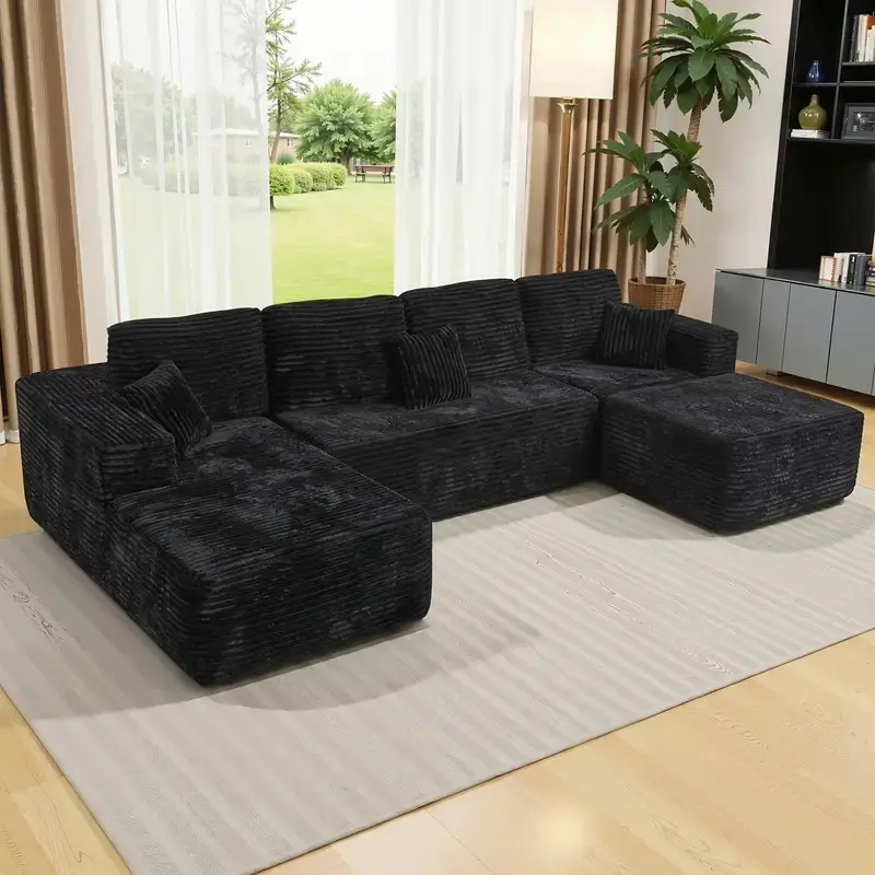 ModMood Boneless Corduroy Cloud Sofa,【2 Packages】, 7 FREE Pillows, Modular U/L-Shaped Couch with Movable Ottoman, Deep Seat, No Assembly, Soft Plush Corduroy Fluffy Memory Foam Contemporary Trendy Design Minimalist Big Families