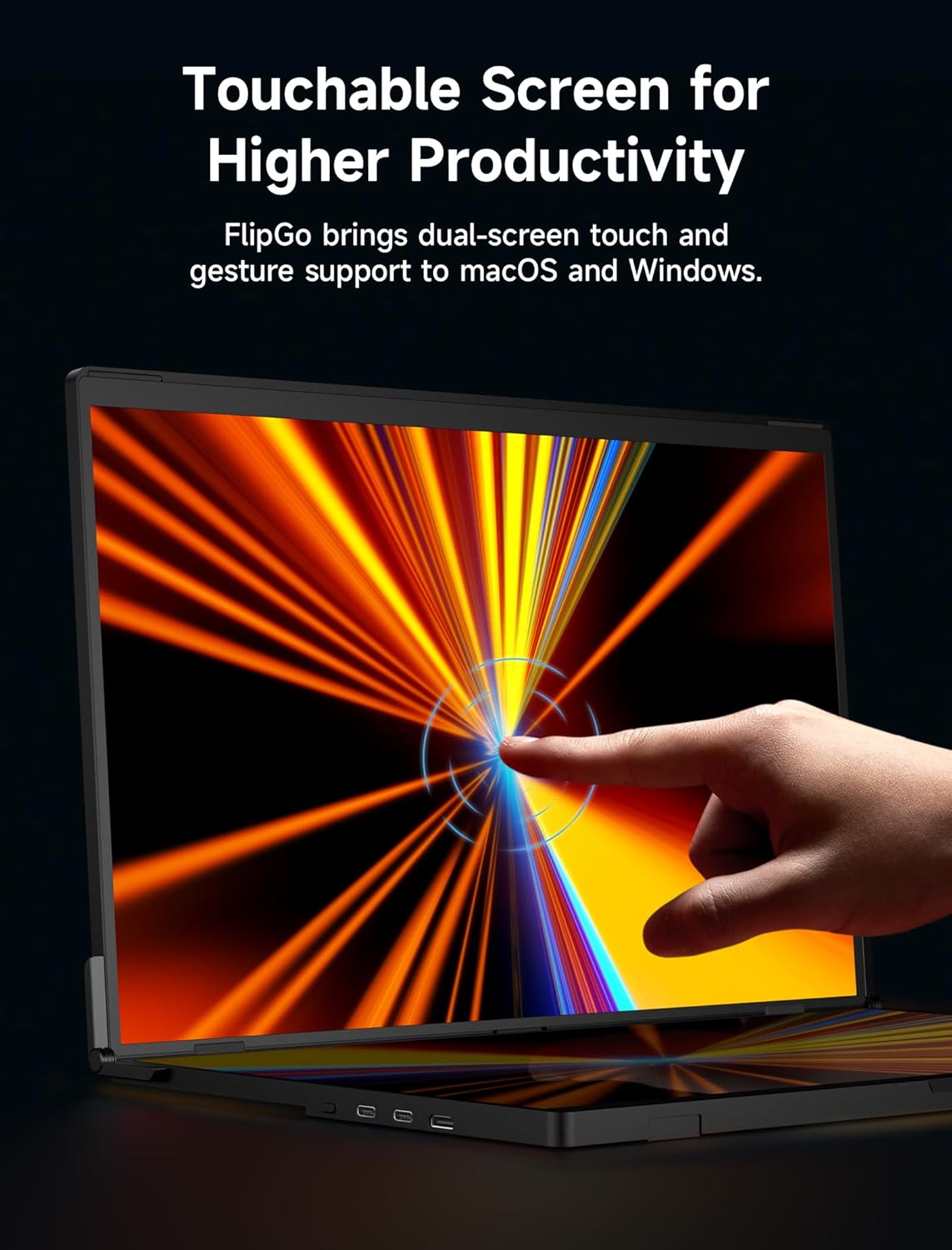 JSAUX FlipGo 16" Portable Touchscreen Monitor, Dual IPS, Built-in HUB, Magnetic, One Cable Dual Display, Slim & Light for Laptops.