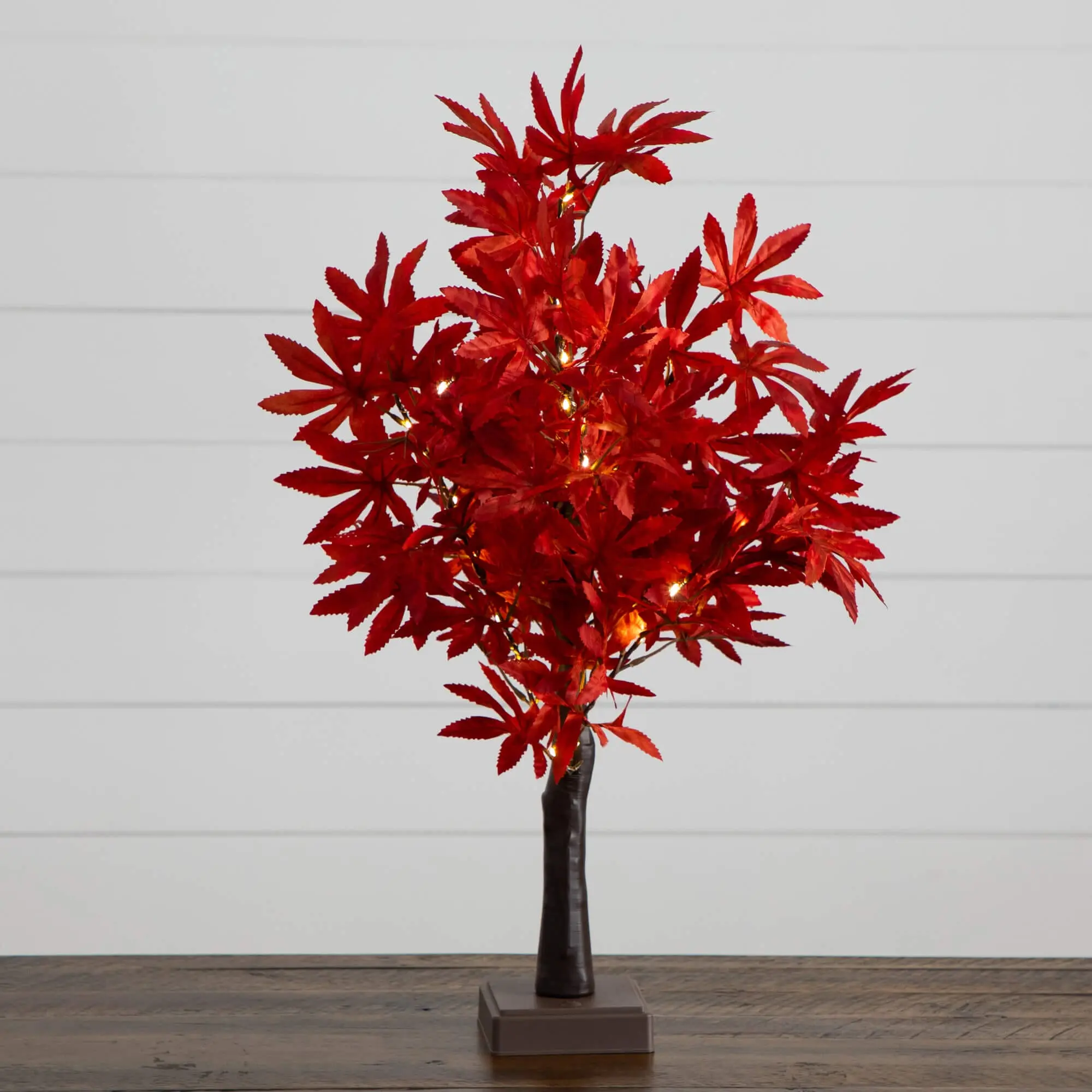2-ft Synthetic Pre-Lit Red Autumn Maple Artificial Fall Tree with 50 Warm White LED Lights, Detachable Base, Tabletop Fake Flower Decor for Coffee Tables, Kids' Room, Led Light