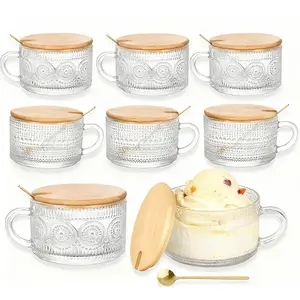 8 Pcs Antique Coffee Mug Collection, Luxury Gifts For Women – 14oz See-through Embossed Glass Cups with Bamboo Caps and Spoons, Overnight Oats Canisters, Iced Coffee Glass Mugs, Chic Coffee Bar Decor & Essentials