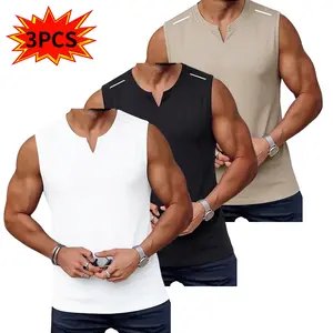 TOOTD new arrival — 3-piece set: men’s fitness tank top set featuring a slit design; casual, soft sleeveless muscle T-shirt; men’s tops including crew-neck basketball shirt; high-stretch solid-color sports tank top; 140+ GSM; true sizing.