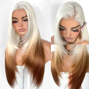 Skunk Stripe 13x6 Glueless Synthetic Lace Frontal Wig Pre-Plucked Pre-Layered Pre-Cut Wear And Go Layered Straight Wig Pink Ginger Blonde Reddish Brown