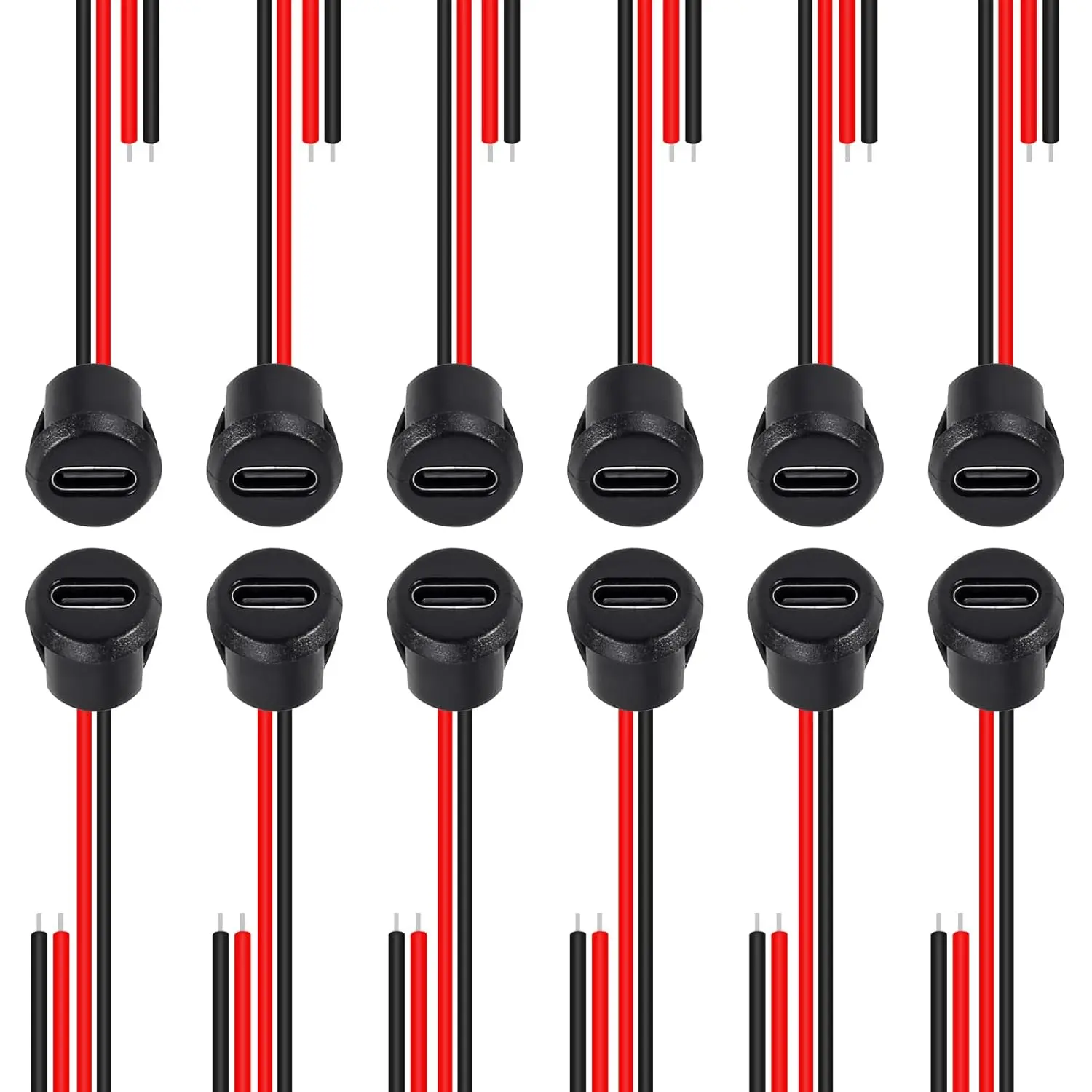 12pcs Type-C Female Chassis Waterproof 2P Wire Type B Pigtail Cable Extension Power Cable B-C Plug to 2 Pin Bare Wire Open End Connector (Circular)