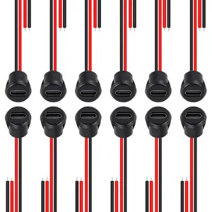 12pcs Type-C Female Chassis Waterproof 2P Wire Type B Pigtail Cable Extension Power Cable B-C Plug to 2 Pin Bare Wire Open End Connector (Circular)