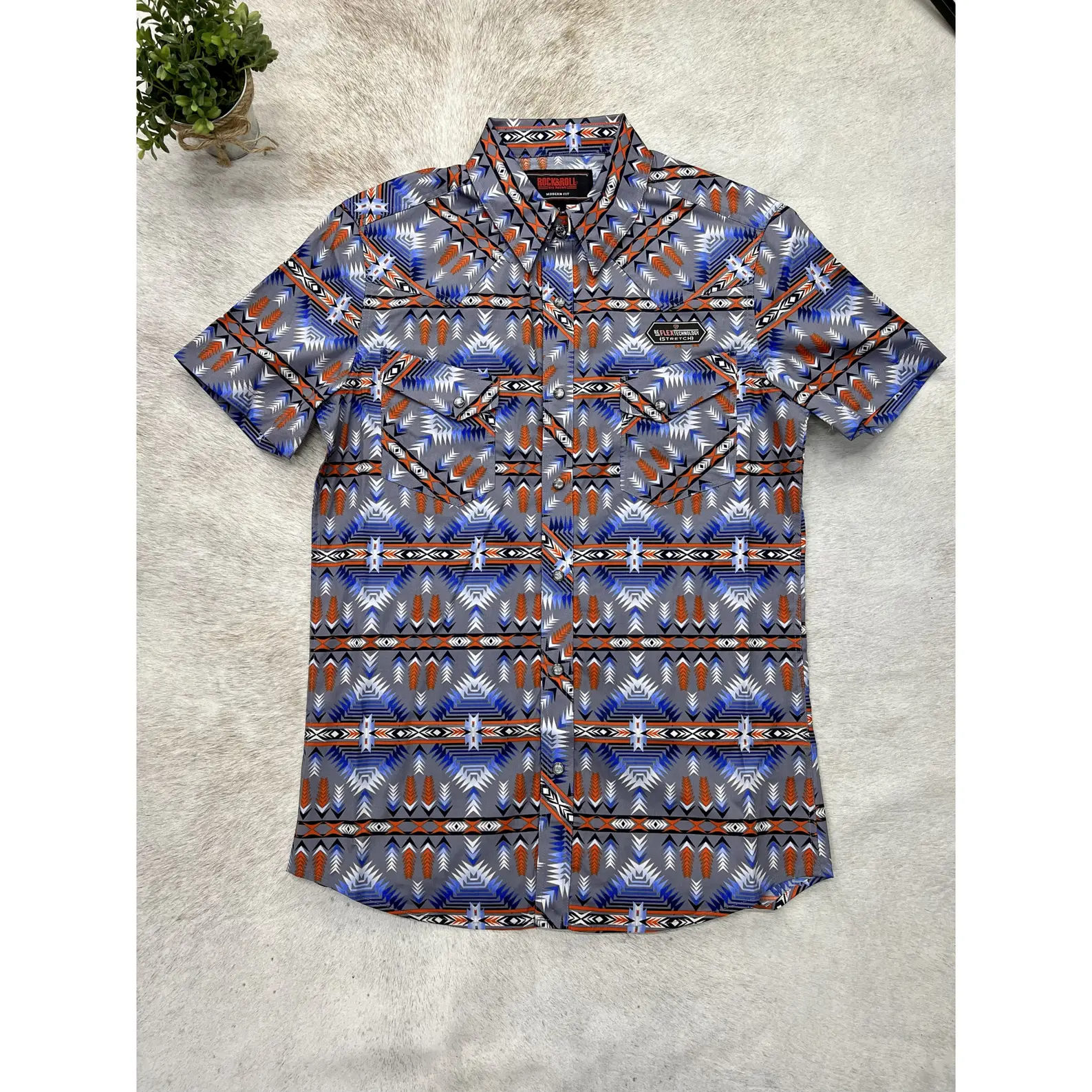 Rock And Roll Denim RRD Short Sleeve Aztec Snap - Azul/Anaranjado