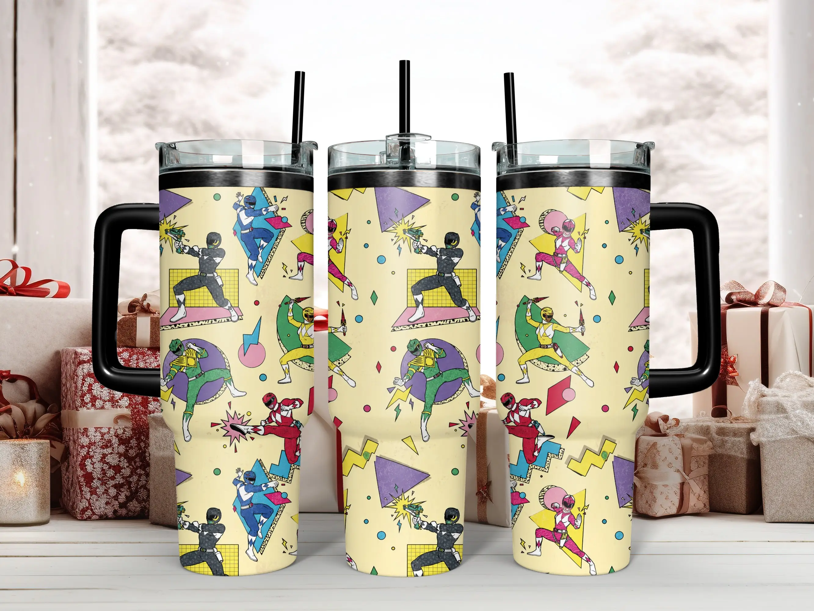 Retro 90s Superhero Sentai Team 40oz Insulated Stainless Steel Tumbler - Classic Action Pose Pattern with Memphis Design Geometry - Large Travel Mug with Comfort Handle & Straw