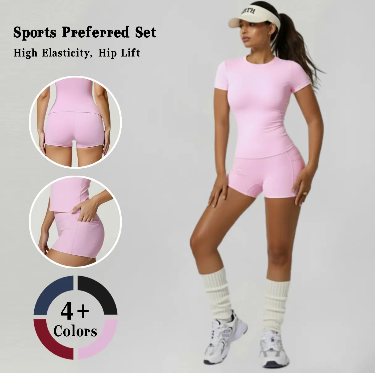 Women's 2-Piece Solid Color Gym Sportswear Set - Short Sleeve Round Neck T-Shirt, High-Waist Butt-Lifting Above-The-Knee Tights for Fitness, Athleisure, Casual Everyday Quick Active Outfits, Gym Workout Sets, Sporty Sports Clothing Sets
