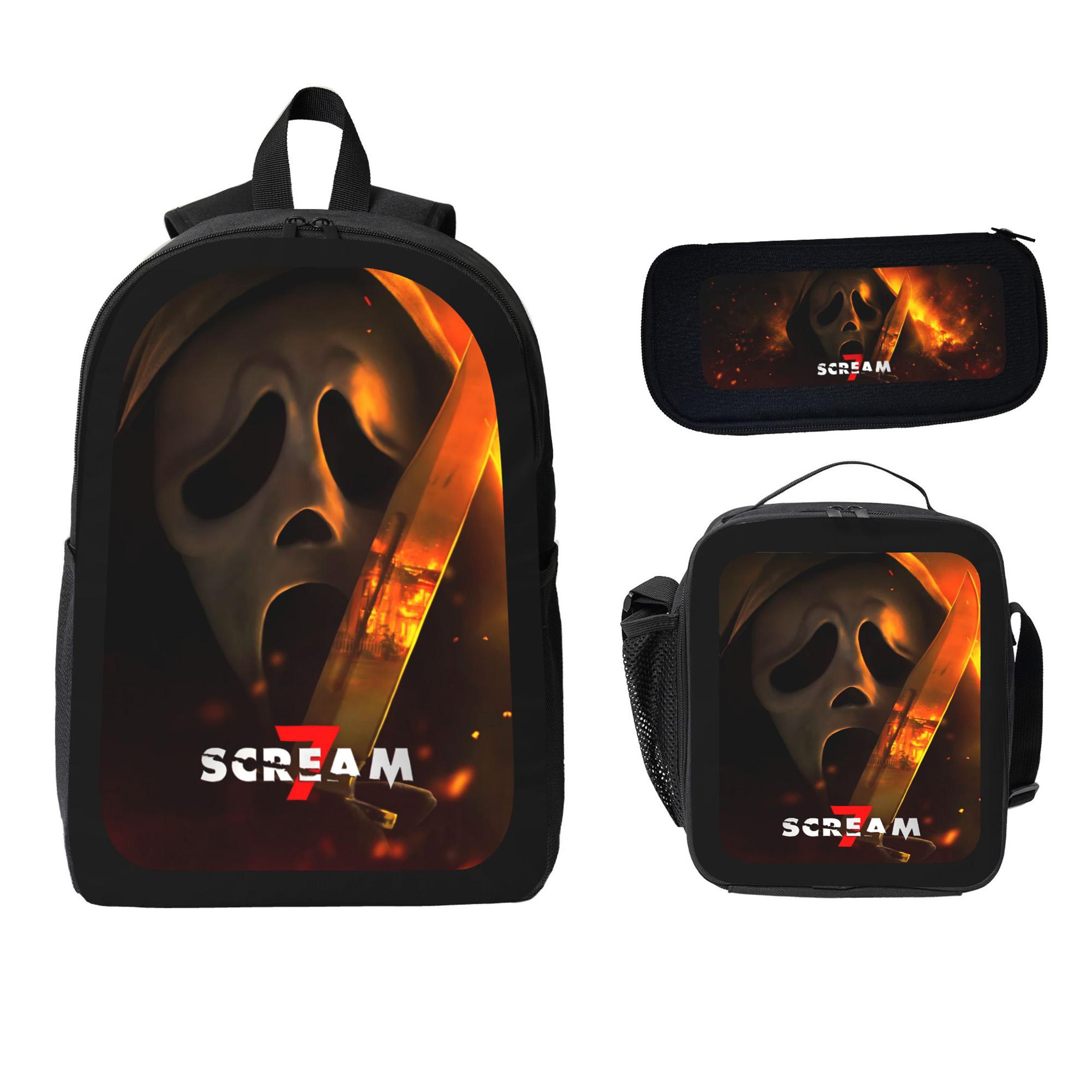 Horror Movie Print Scream 3-Piece Polyester Backpack Set - Lightweight, Large Capacity, Includes School Bag, Lunch Bag & Pencil Case, First Day of School Gift for Teens