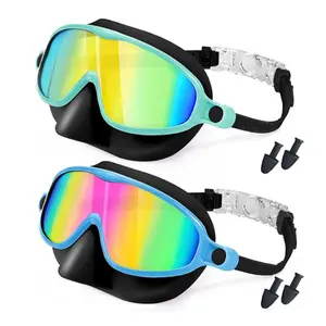 Kids’ large-frame diving goggles with integrated nose guard, Revo-coated anti-fog UV swim mask, waterproof swimming glasses with bonus earplugs for boys and girls ages 3–14