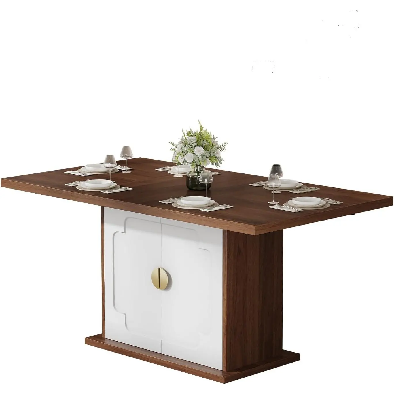 63 Inch Rectangular Dining Table with Hidden Storage, Space-Saving Modern Pedestal Table for 4–6 People, Sturdy Kitchen & Dining Room Table
