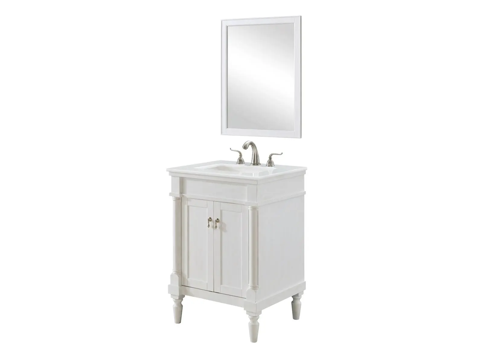 VF13024AW-VW 24 in. Elegant Freestanding Vanity Floor Cabinets, Single Bathroom Vanity with Ivory White Engineered Marble Top, Antique White Finish